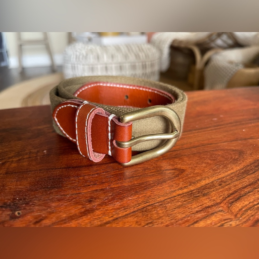 J Crew webbing belt in olive with leather details and buckle